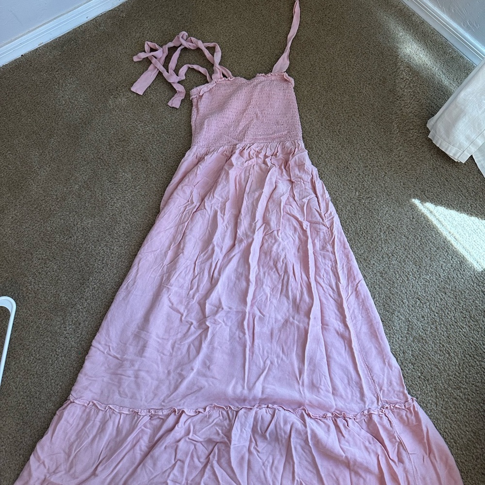 Women’s Pink Smocked Tie-Strap Maxi Dress